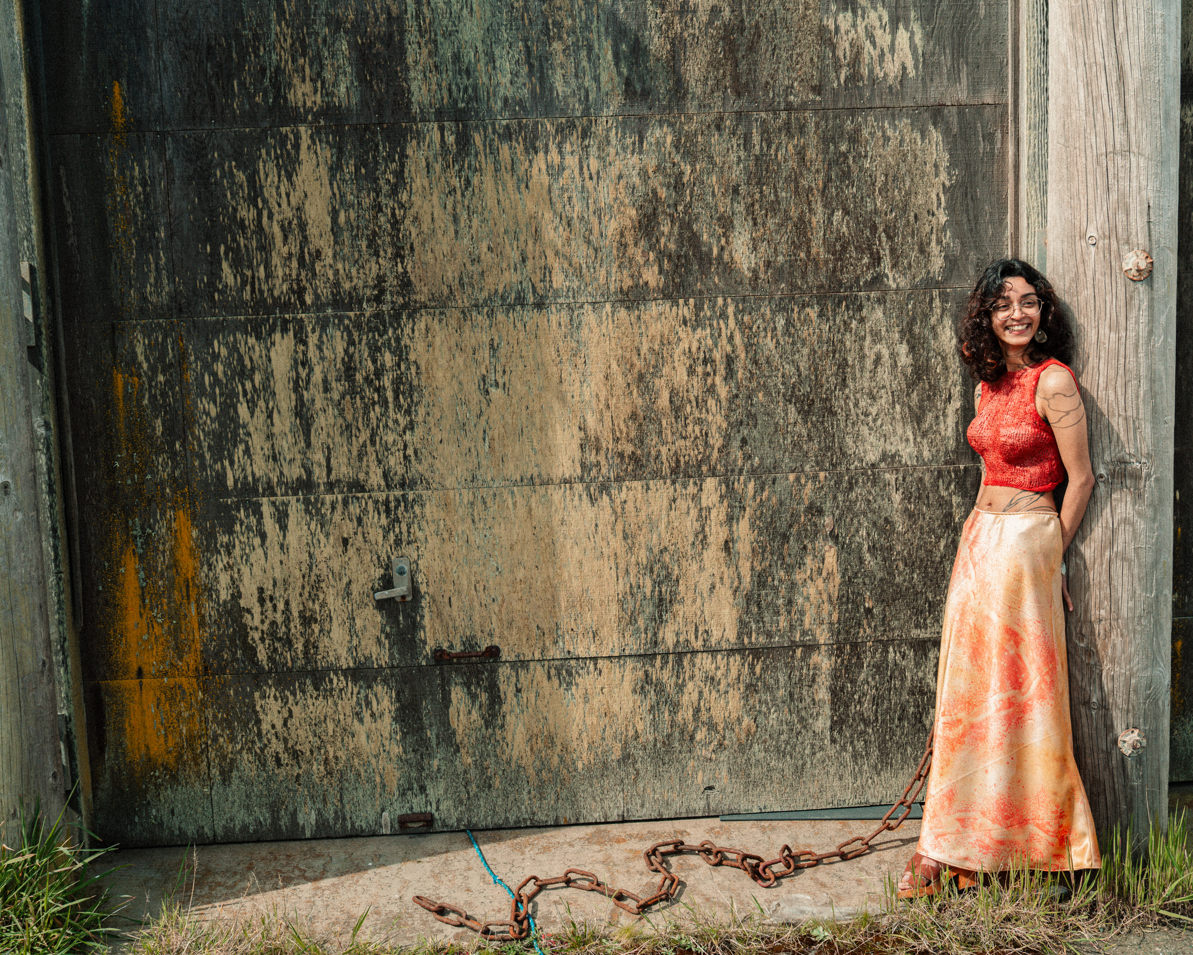 Natasha wearing agar-knit top with cyanotype skirt